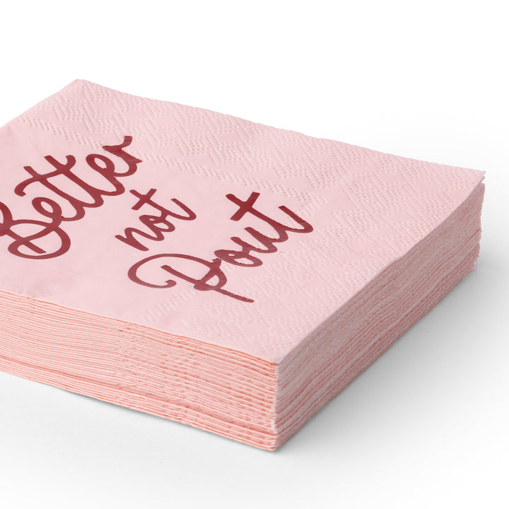 Pink and red Better Not Pout Christmas cocktail napkins for a holiday party