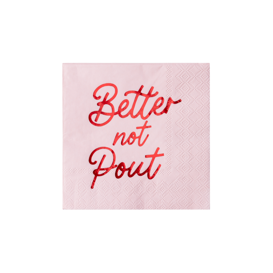 Pink and red Better Not Pout Christmas cocktail napkins for a holiday party