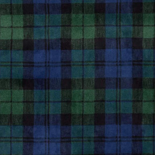 Close-up swatch of Black Watch tartan flannel in navy, green, and black