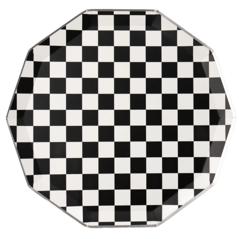 Black and white checker large dinner plates, set of 8, stacked for a Halloween party table