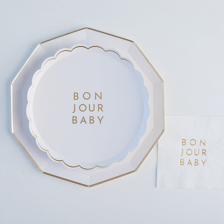 BONJOUR BABY BLANC WHITE SMALL PLATES Bonjour Fete Plates BONJOUR BABY BLANC WHITE SMALL PLATES Bonjour Fete - Party Supplies
