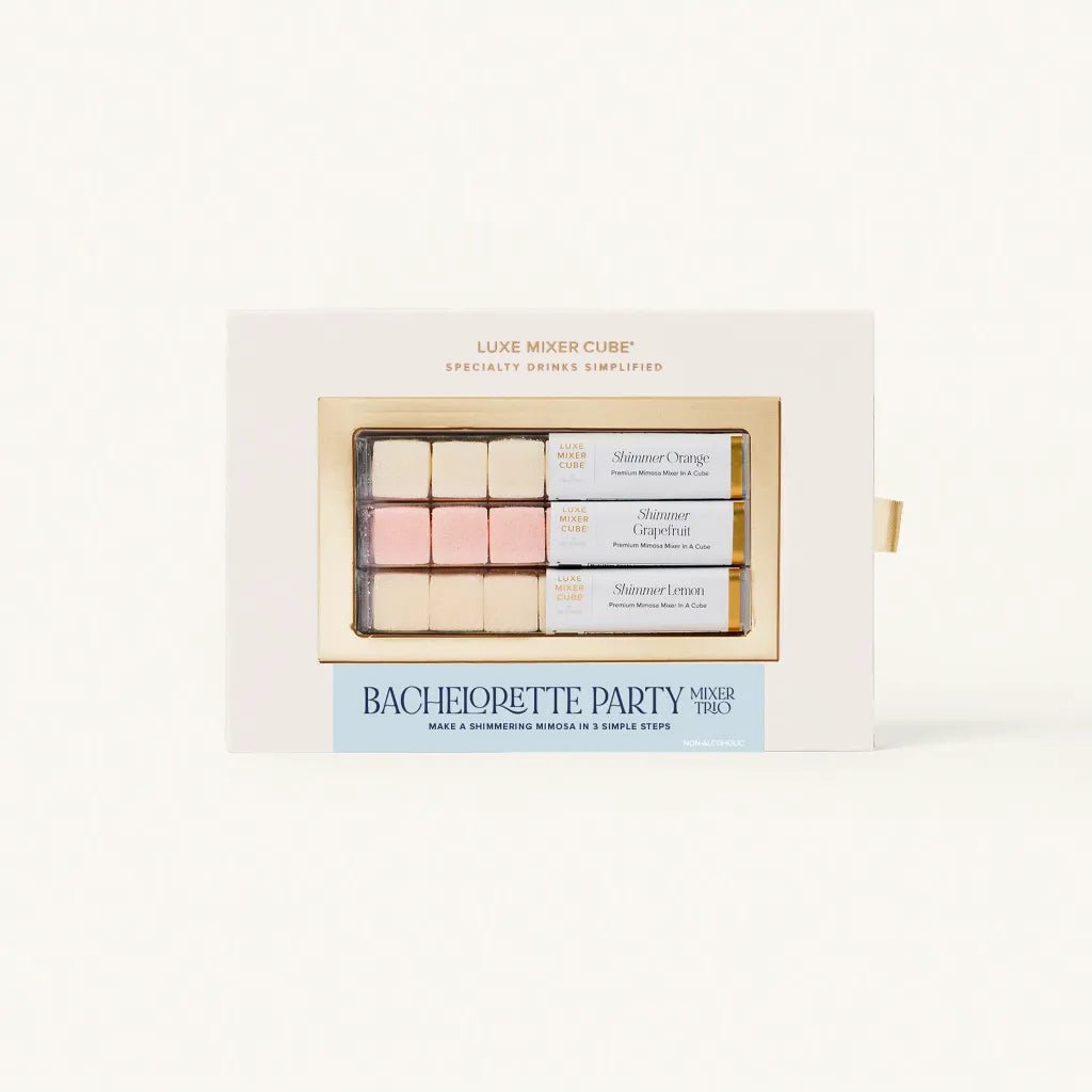 Bachelorette party shimmering mimosa mixer cubes box in orange, grapefruit, and lemon