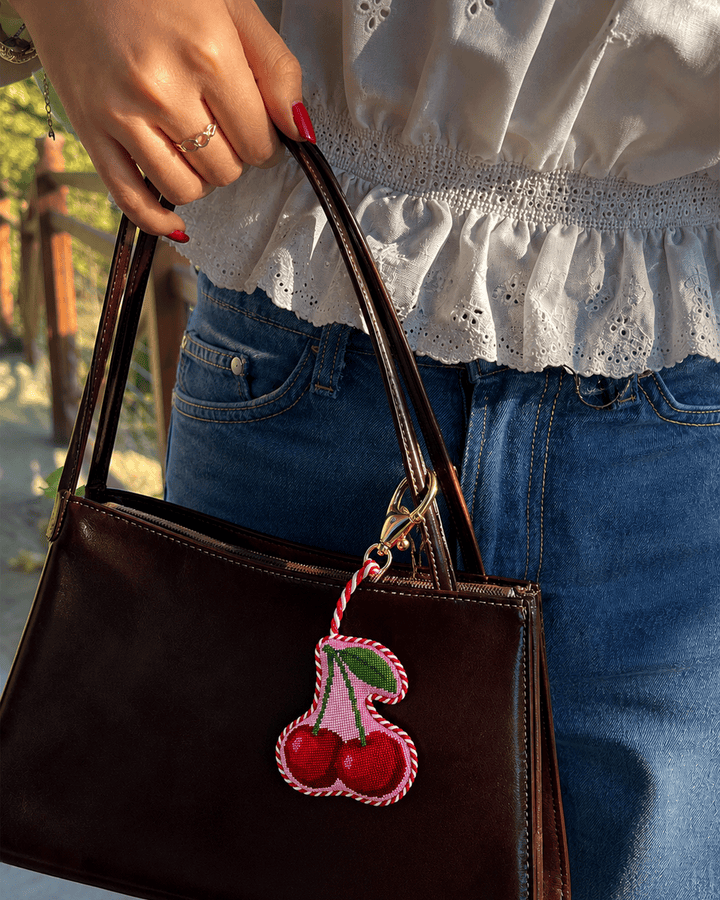 Cherries needlepoint charm for totes, backpacks, and keyrings