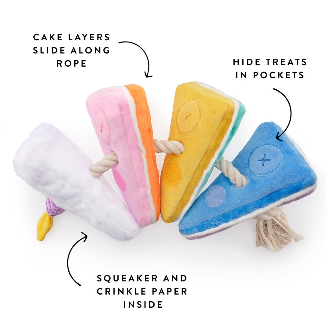 Feature callout for the birthday cake snuffle toy