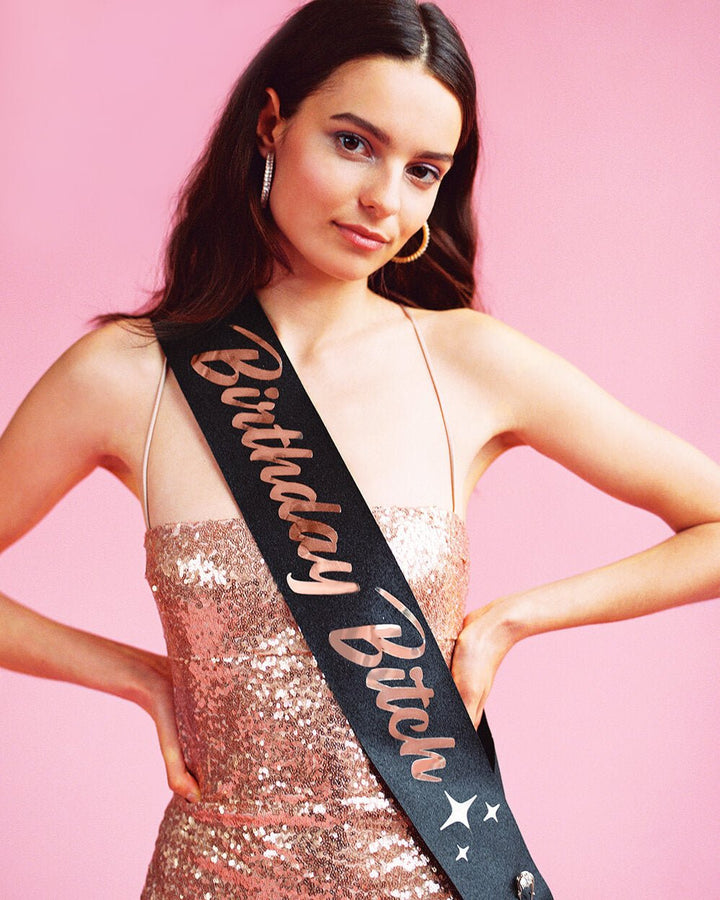 Black glitter birthday sash with rose gold foil lettering