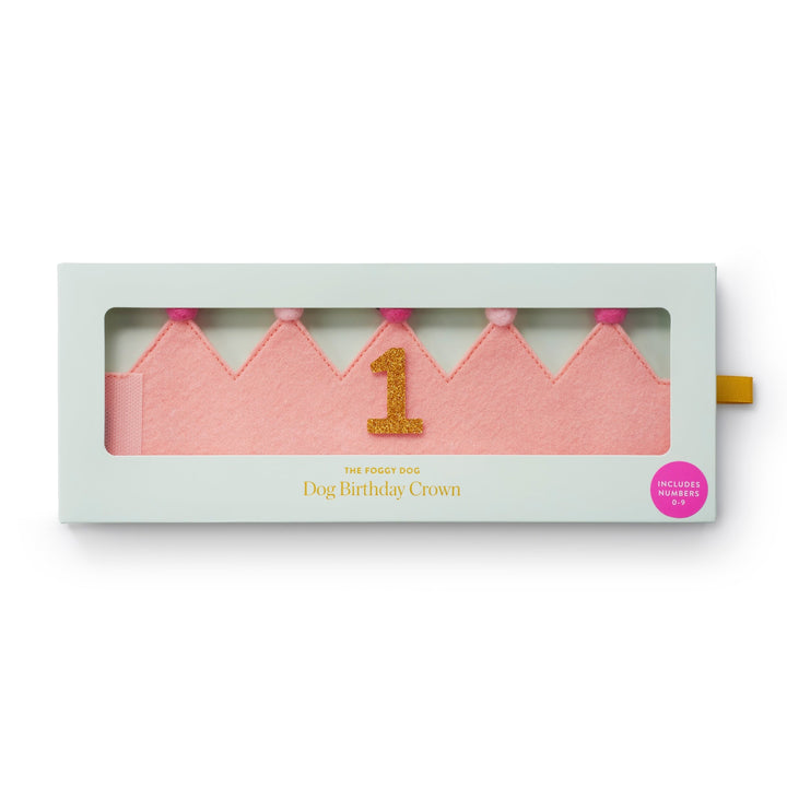 Blush pink dog birthday crown with a gold 1 packed in its windowed mint keepsake box