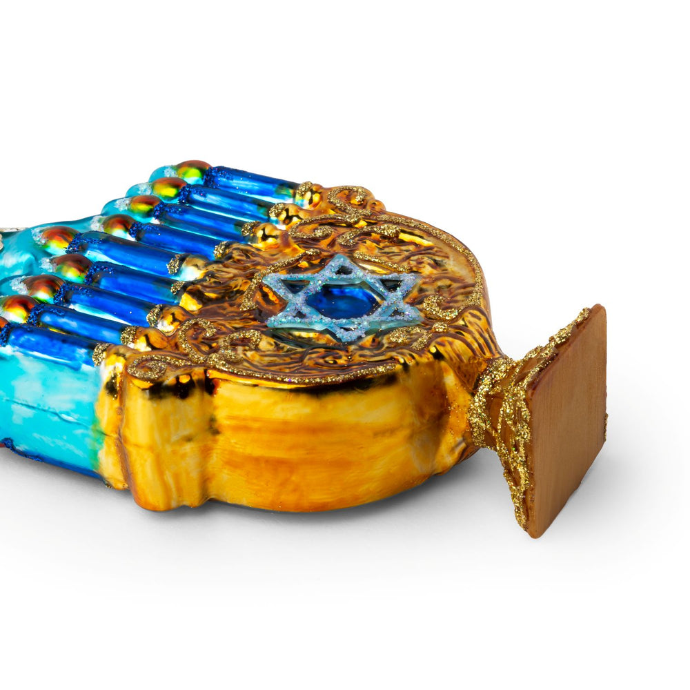 BLUE MENORAH GLASS ORNAMENT BY GLITTERVILLE - Bonjour Fête 