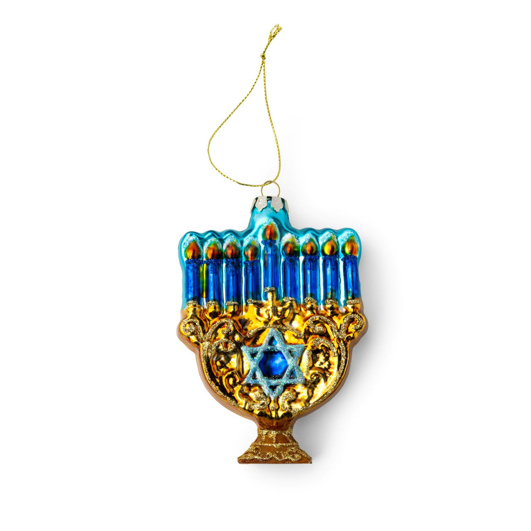 BLUE MENORAH GLASS ORNAMENT BY GLITTERVILLE - Bonjour Fête 