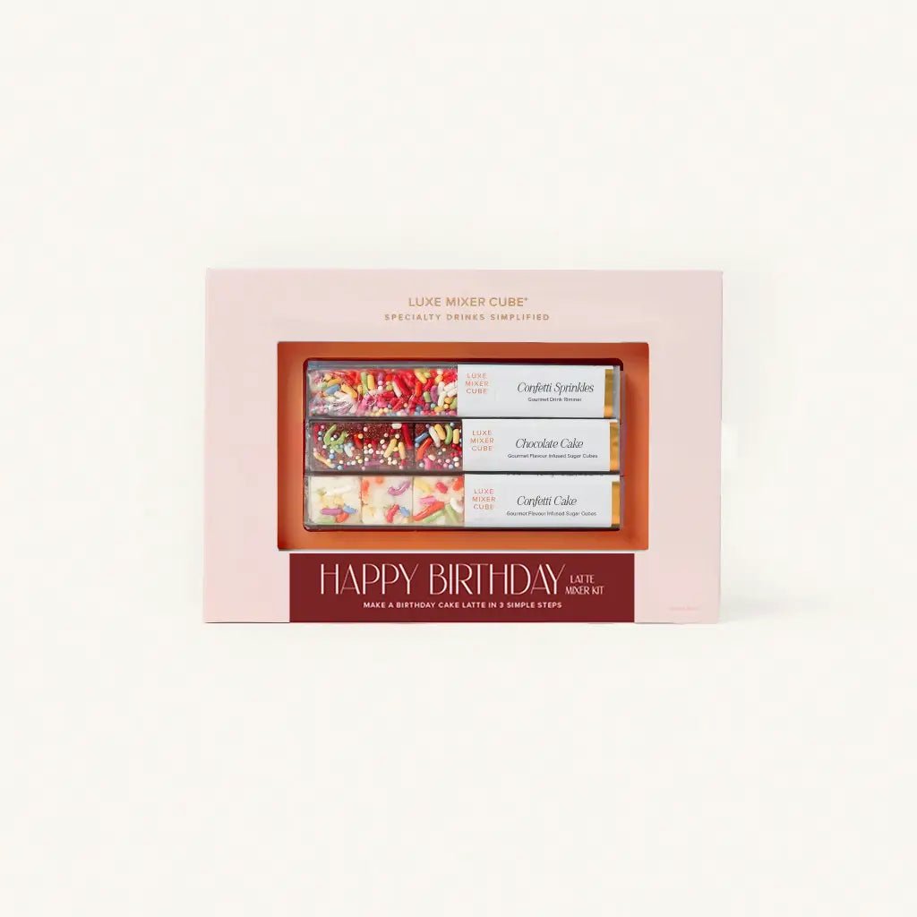 Blush birthday cake latte mixer cubes gift box for a birthday morning