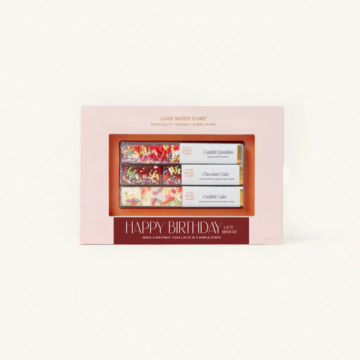Blush birthday cake latte mixer cubes gift box for a birthday morning