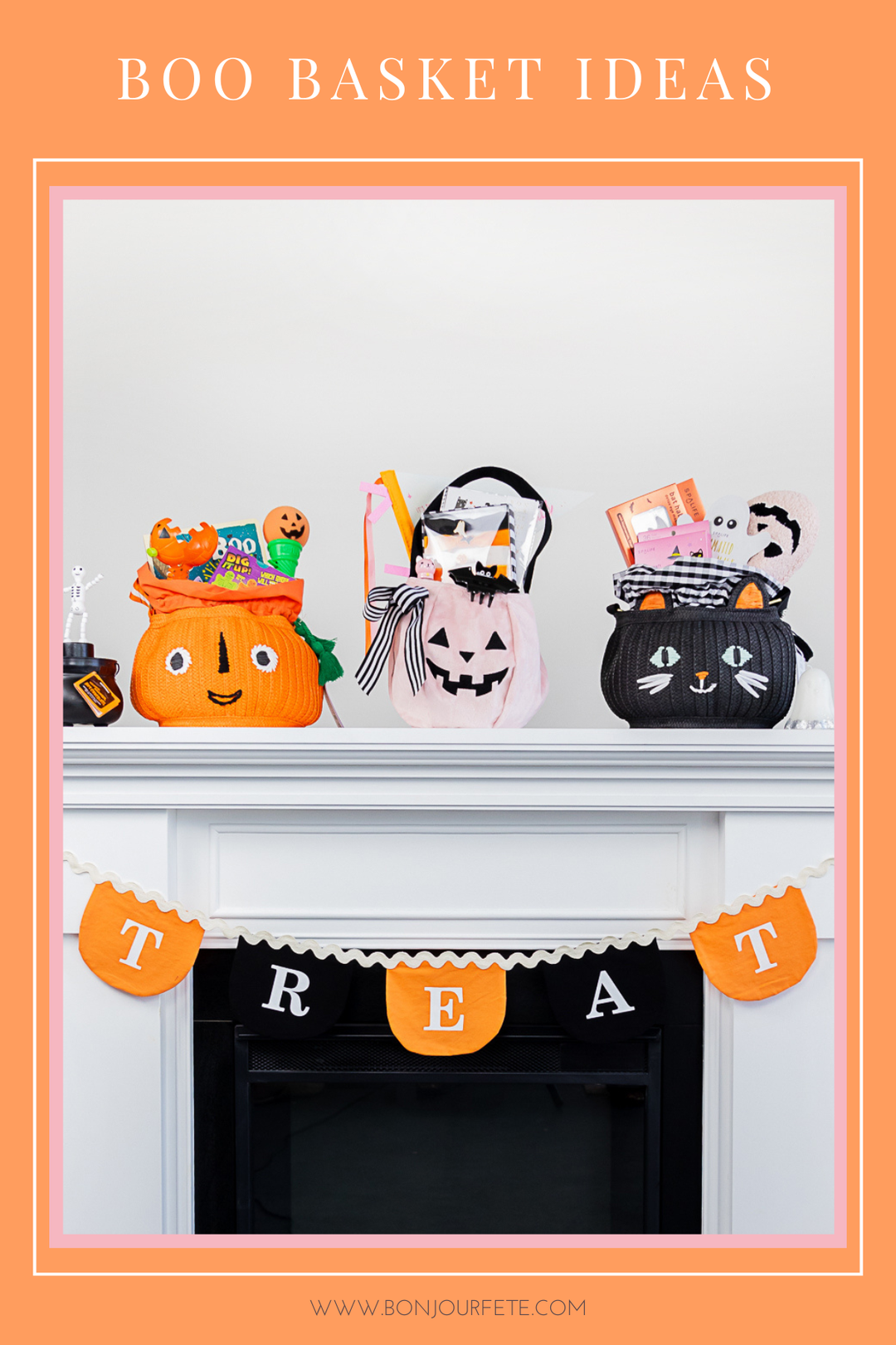 A Halloween-themed decorative scene with three colorful trick-or-treat bags on a white mantel, plus a black fireplace below with an orange 'TREAT' banner. Text at the top reads 'BOO BASKET IDEAS' and a website URL appears at the bottom.