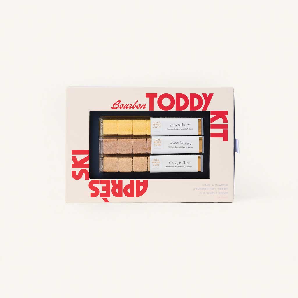 Bourbon hot toddy mixer kit box with lemon honey, maple nutmeg, and orange clove cubes