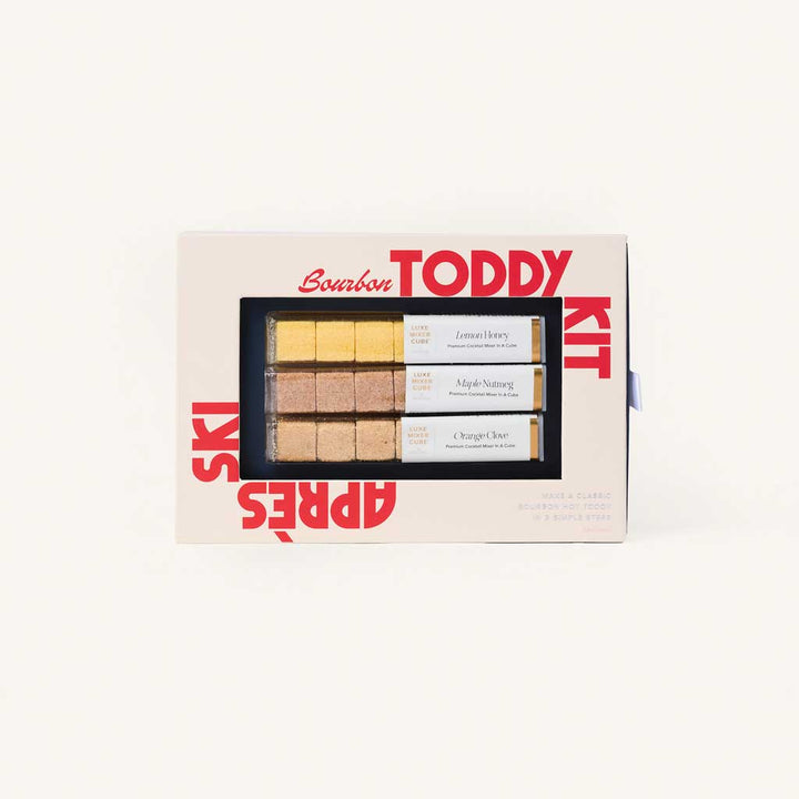 Bourbon hot toddy mixer kit box with lemon honey, maple nutmeg, and orange clove cubes