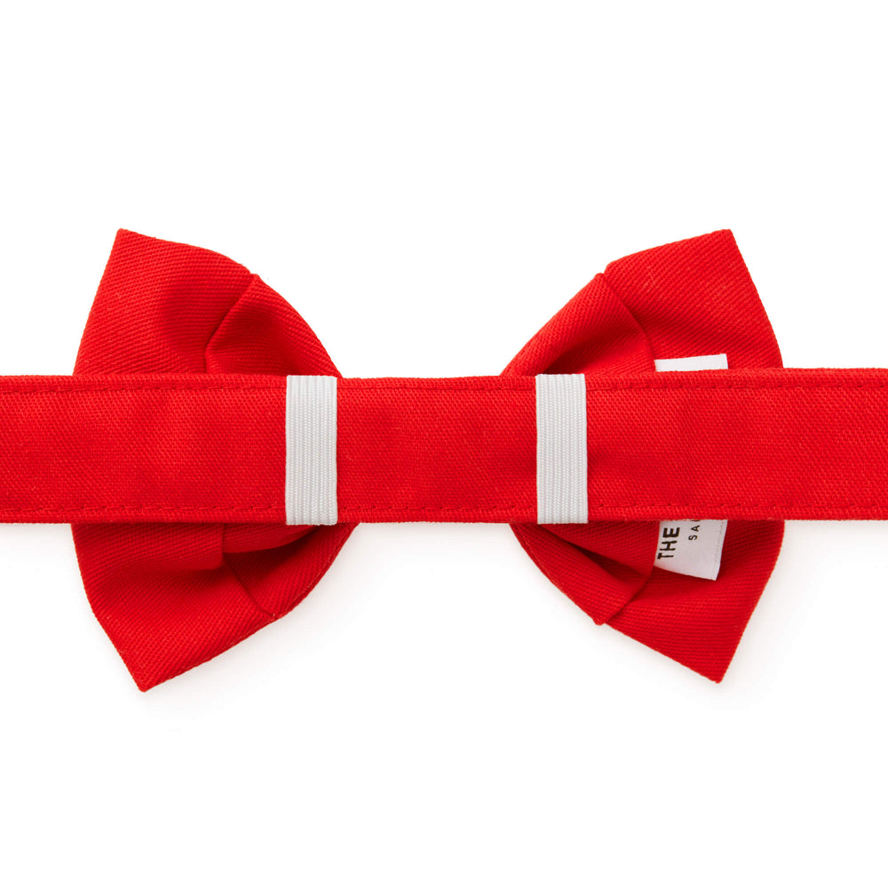 Back of a red dog bow tie showing two elastic loops holding it onto a red velvet collar.