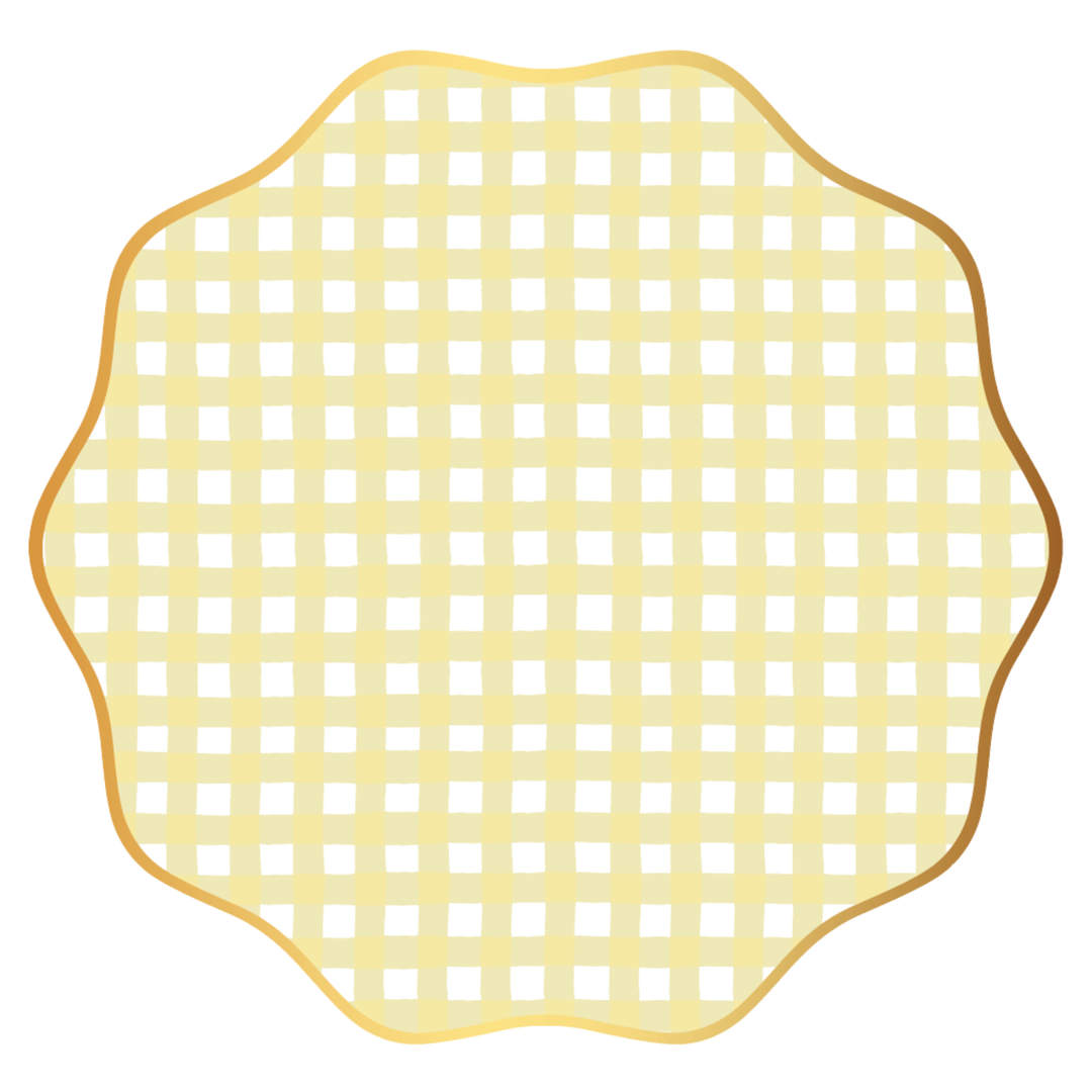Butter yellow gingham dinner plates with a scalloped edge, set of 8, on a white background for summer parties and brunches