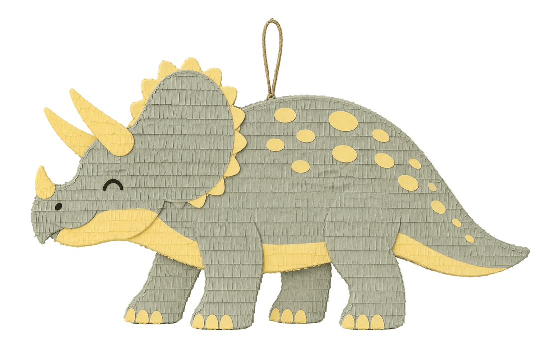 Sage green triceratops piñata with a yellow frill, three horns, and yellow spots, for a kids dinosaur birthday