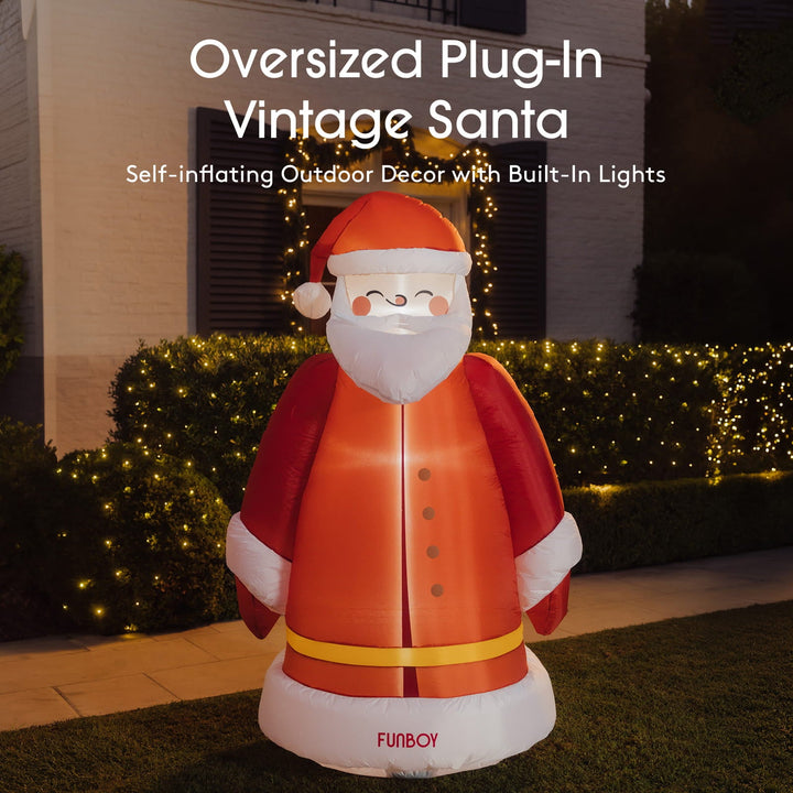 Oversized plug-in vintage Santa inflatable glowing in front of a house at dusk