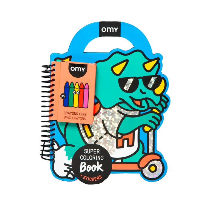 Omy Super Coloring Book set featuring a cartoon dino character on a scooter, with a spiral-bound coloring book, 5 crayons, and stickers on a light blue background.