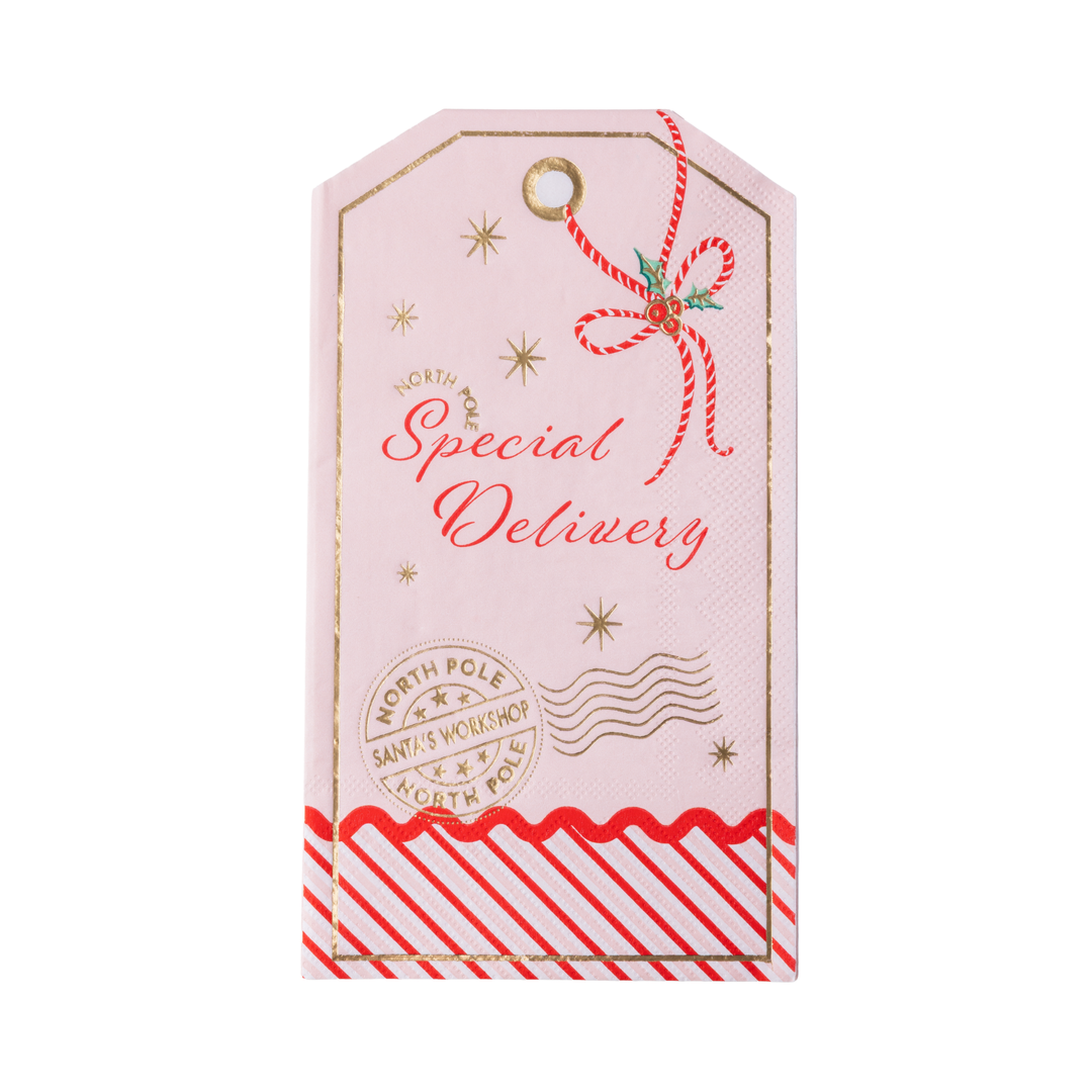 North Pole Pink and Red Gift Tag Christmas Napkin- Bonjour Fete Party Supplies