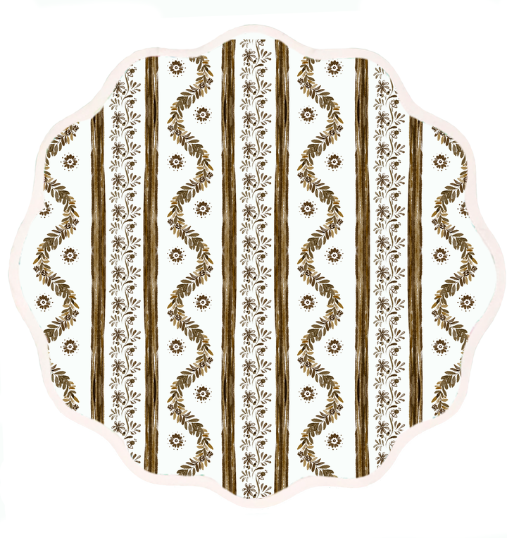 Round scalloped placemat in the Boxwood Garden espresso print by Frances Fields Home
