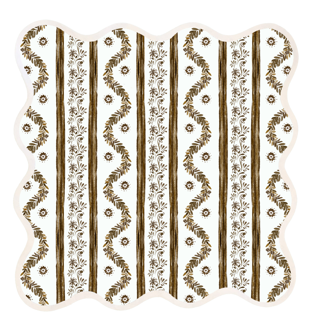 Square scalloped placemat in the Boxwood Garden print, espresso, by Frances Fields Home