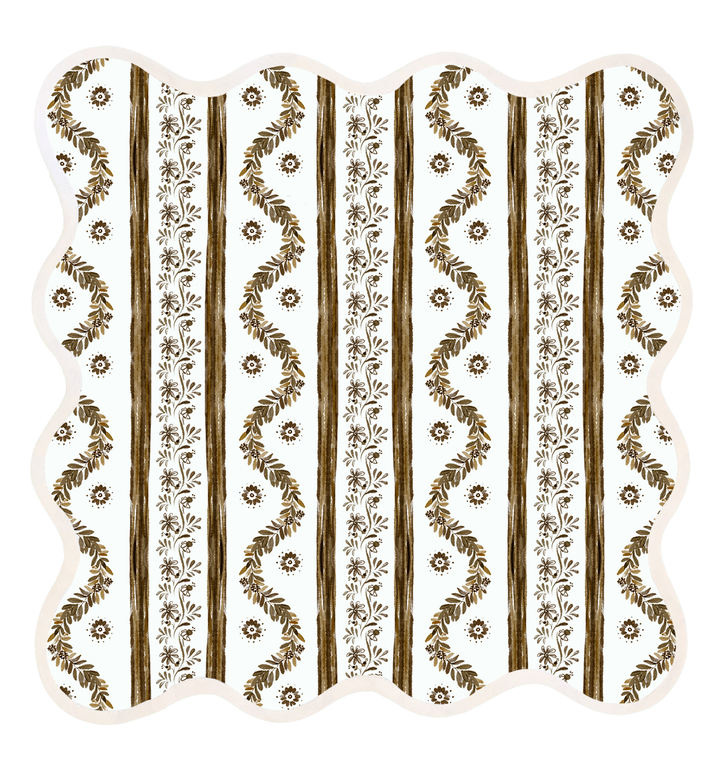 Square scalloped placemat in the Boxwood Garden print, espresso, by Frances Fields Home
