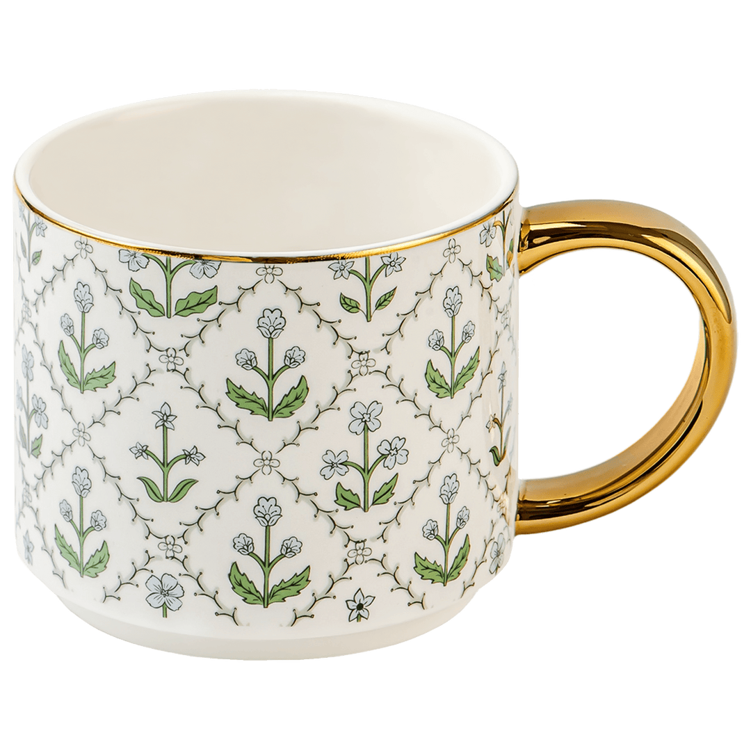 Blue floral quilt bone china coffee mug with a real gold handle, a hostess gift
