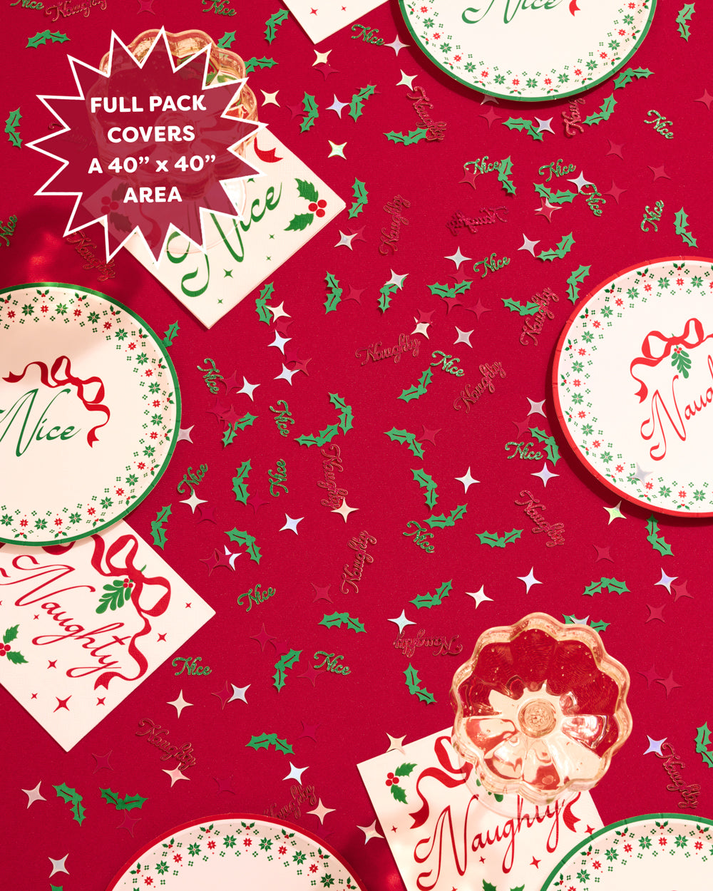 Spec graphic for Naughty or Nice Christmas confetti: 200 pieces in red, green, and silver covering a 40 by 40 inch area
