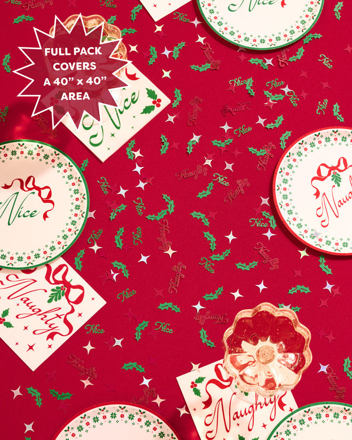 Spec graphic for Naughty or Nice Christmas confetti: 200 pieces in red, green, and silver covering a 40 by 40 inch area