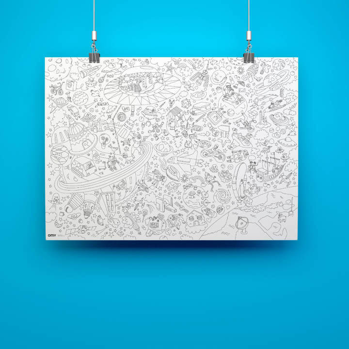 Space giant coloring poster hung on a wall, uncolored black-and-white scene of aliens, stars, and planets