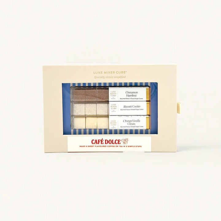 Italian cafe coffee mixer cubes box in cinnamon hazelnut, biscotti, and orange vanilla cream