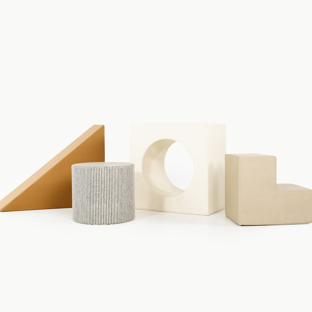 Gathre block playset in the Camel, Ivory, Stone Stripe, and Millet colorway with foam steps, a cube, and a triangle ramp
