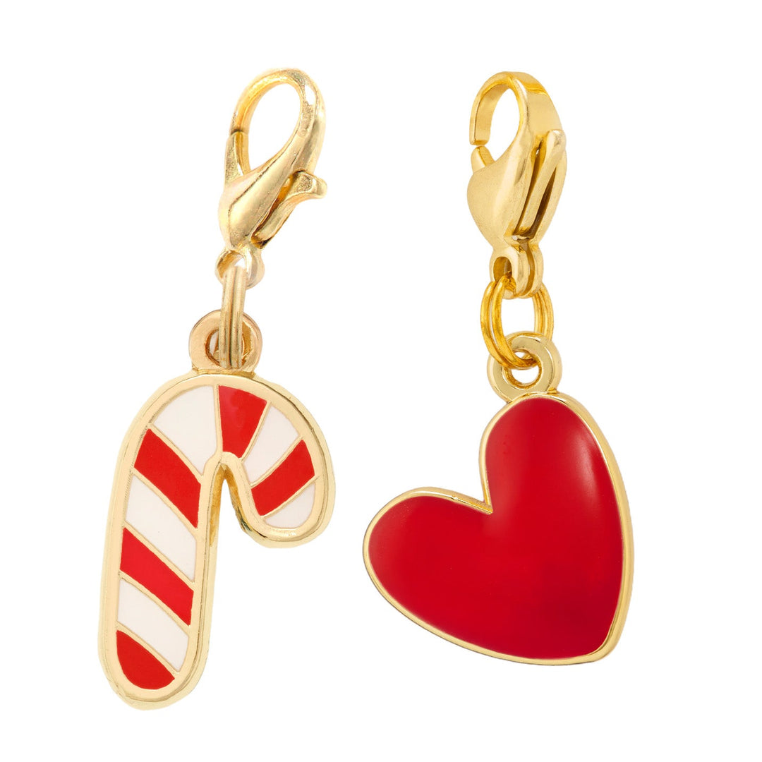 Red and white candy cane charm and glossy red enamel heart charm on gold lobster clasps