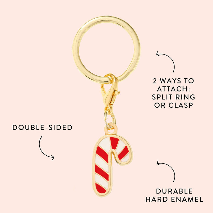 Candy cane collar charm diagram identifying double-sided hard enamel and split-ring or clasp attachment.
