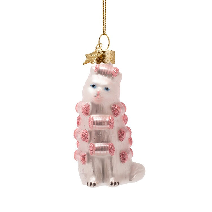 PINK CAT WITH CURLERS GLASS ORNAMENT Vondels PINK CAT WITH CURLERS GLASS ORNAMENT Bonjour Fete - Party Supplies