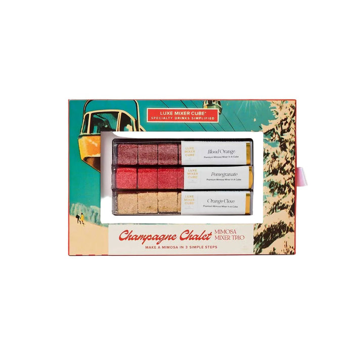 Champagne chalet mixer cubes box in blood orange, pomegranate, and orange clove
