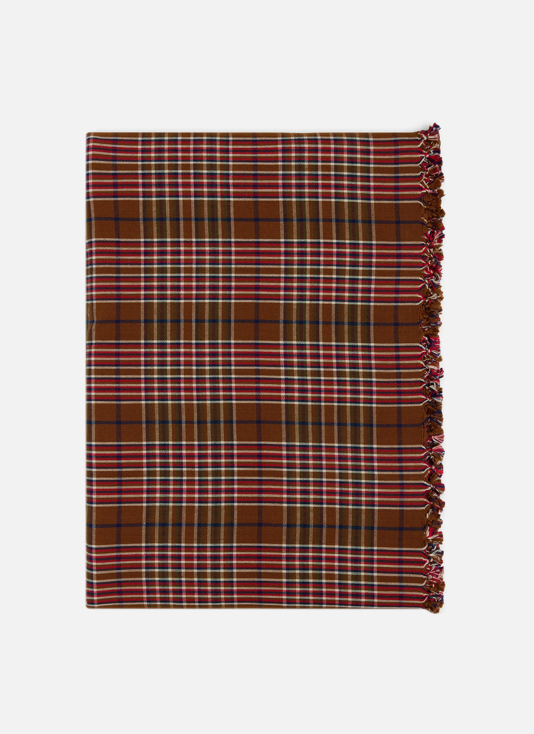 Charlotte plaid holiday tablecloth folded flat with tassels along the edge