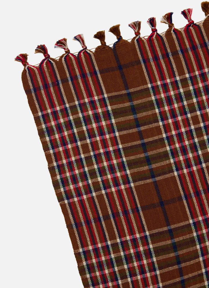 Corner of the Charlotte plaid tablecloth showing the knotted tassel trim and plaid weave