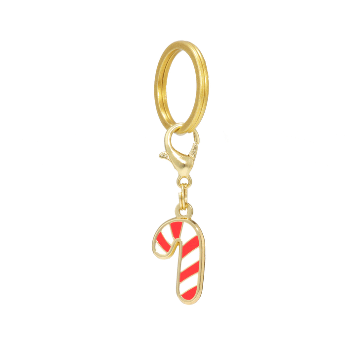 Gold-edged red-and-white candy cane collar charm suspended from a gold clasp and split ring on white.