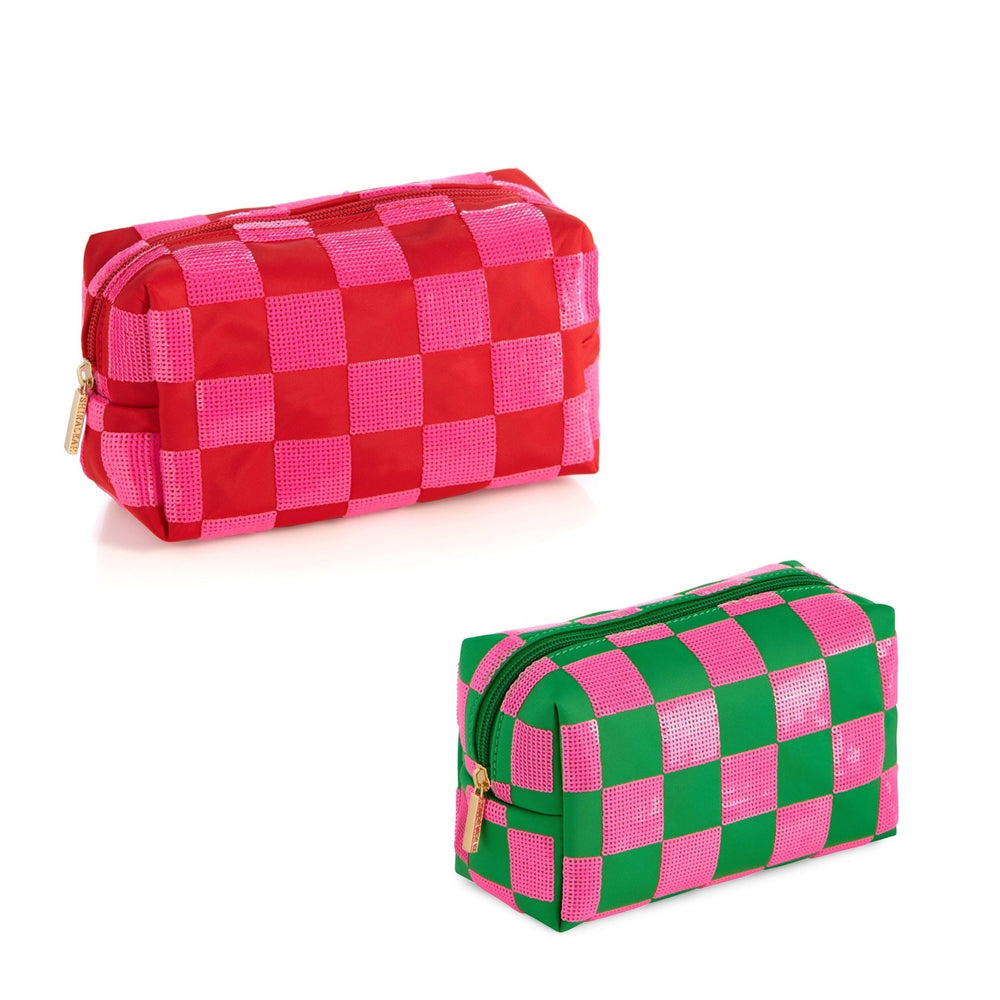 Pink and green checkered zip pouch shown on white beside a pink and red checkered version