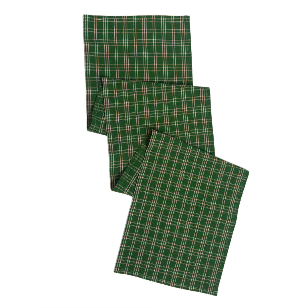 Forest green plaid cotton table runner laid flat