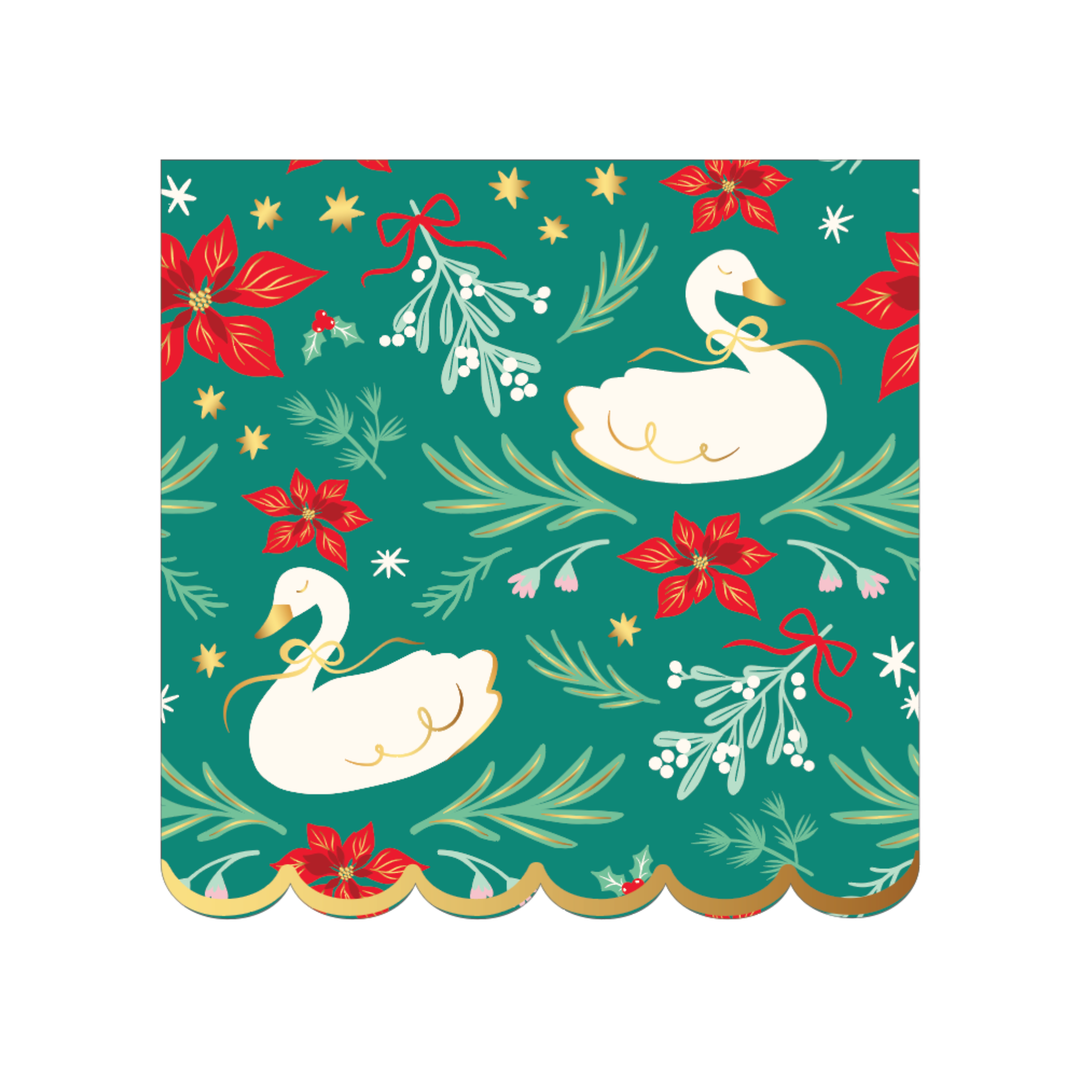Green Christmas napkin with white swans, red poinsettias, mistletoe, and a gold scalloped edge