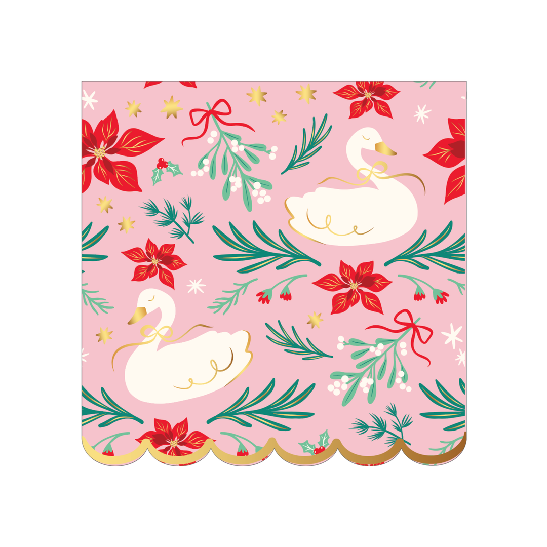 Pink Christmas napkin with white swans, red poinsettias, mistletoe, and a gold scalloped edge