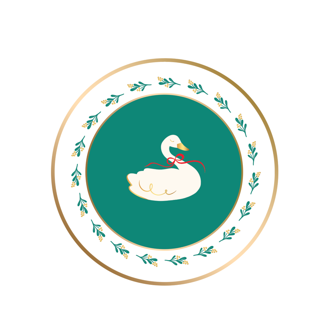 CHRISTMAS FLORAL SWAN PRINT GREEN SMALL PLATES Bonjour Fete Plates CHRISTMAS FLORAL SWAN PRINT GREEN SMALL PLATES Bonjour Fete - Party Supplies