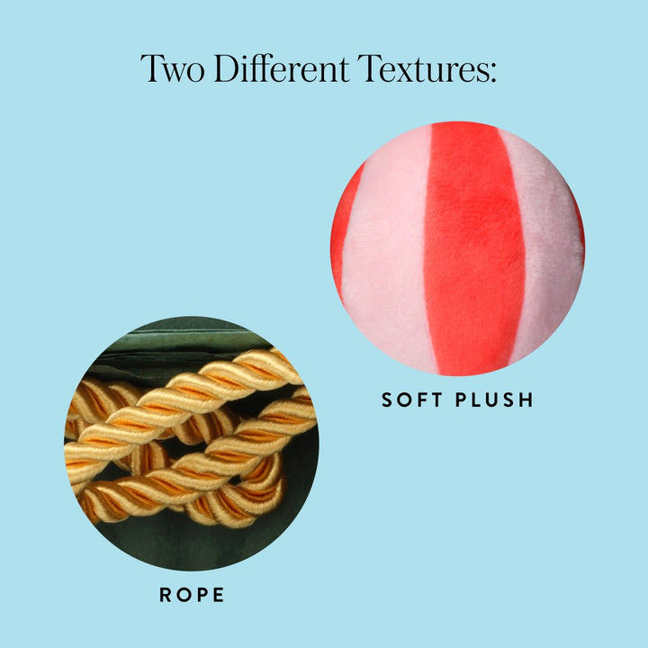 Texture close-ups of the ornament toys: striped soft plush and gold twisted rope