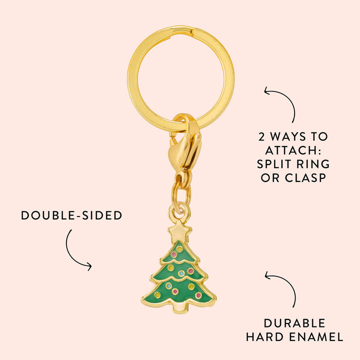 Christmas tree charm callout on blush noting double-sided design, durable hard enamel, and two ways to attach