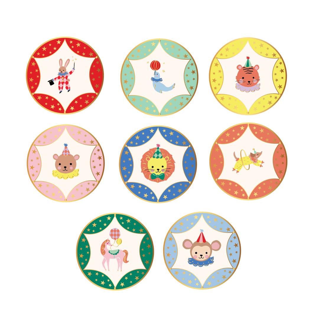 Set of eight circus character small plates with star borders featuring a lion, tiger, bear, and seal for a circus party