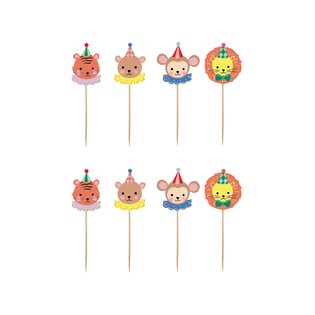 Circus cupcake toppers on paper picks for a circus birthday party dessert table