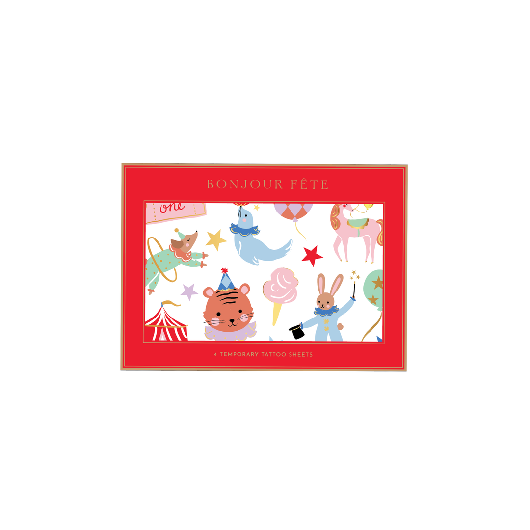 Circus temporary tattoos with a lion, tiger, seal, and cotton candy for a circus party favor