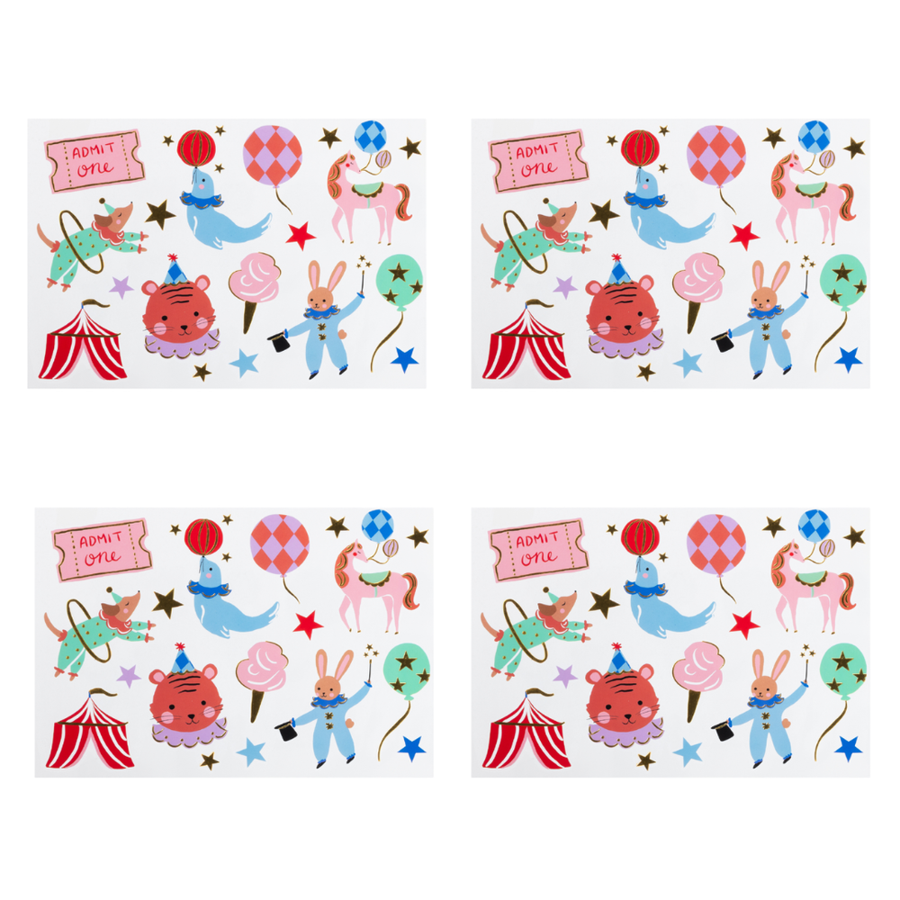 Temporary tattoo sheets each featuring a playful circus and animal illustration with a sign that reads 'I ADMIT OFFEE'. The designs include cartoon bears, rabbits, lions, a blue bird, balloons, stars, and tents on a white background.
